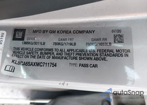 2021 Chevrolet Spark Fwd Ls Manual из США, поврежденный, VIN KL8CA6SAXMC711754